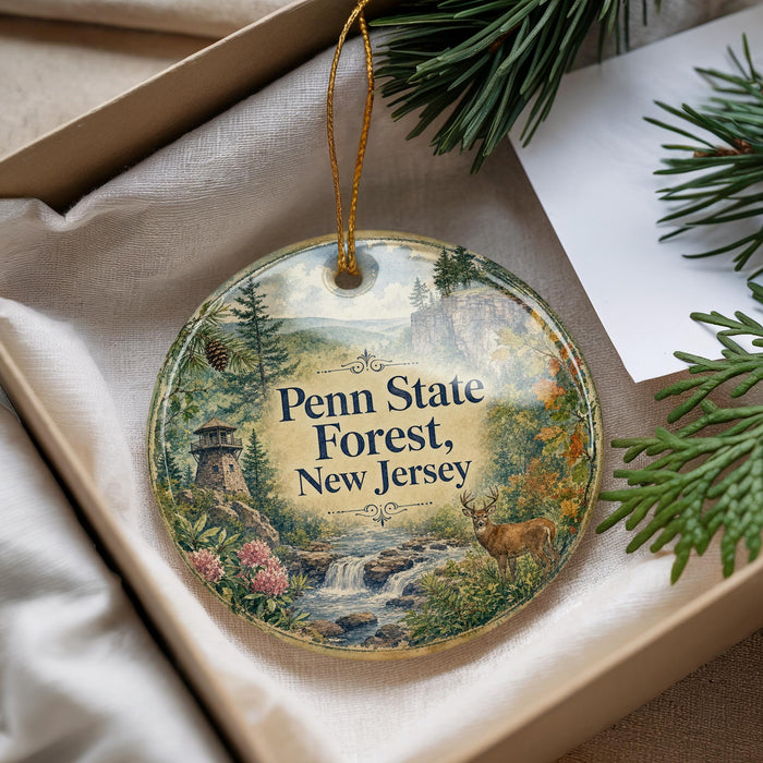 A decorative ornament with a scenic forest landscape, featuring a waterfall, pine trees, and a deer, is displayed in a box.