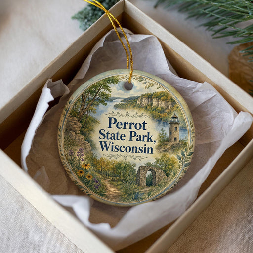 A decorative ornament in a box, featuring a scenic landscape with a lighthouse and a path leading through the woods.