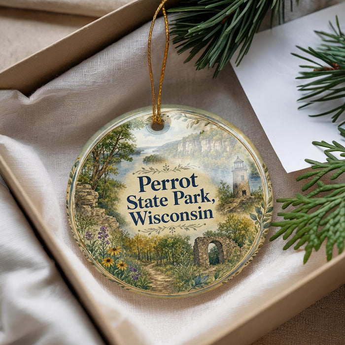 A decorative ornament with a scenic landscape of Perrot State Park, Wisconsin, featuring a lighthouse, trees, and a path.