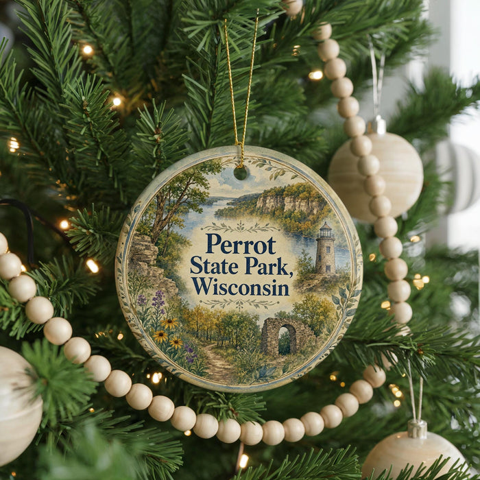 A round ornament hanging on a Christmas tree, featuring a scenic landscape with a lighthouse and a path.