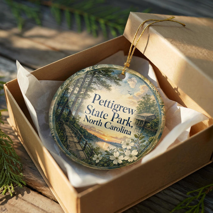 A decorative ornament in a box, featuring a scenic landscape with a wooden walkway and a house, surrounded by greenery.