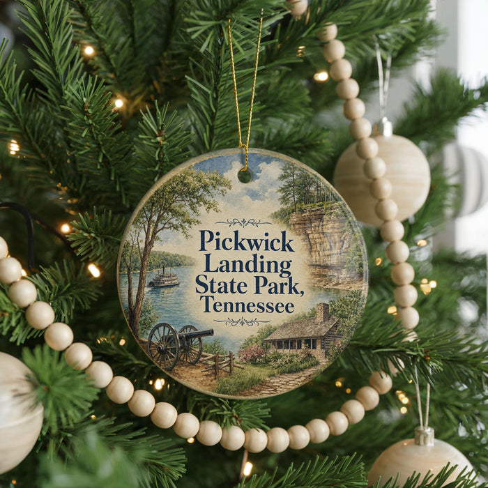 A round ornament hanging on a Christmas tree, featuring a scenic image of Pickwick Landing State Park in Tennessee.