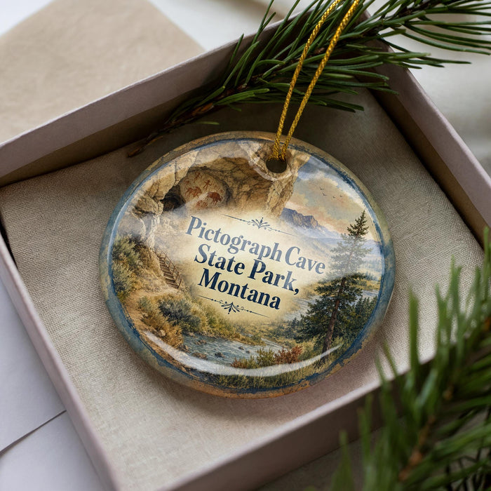 A decorative ornament in a box, featuring a scenic landscape with mountains, trees, and a river.