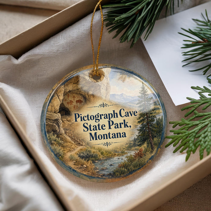 A decorative ornament with a scenic landscape of Pictograph Cave, State Park, Montana, hanging from a string.