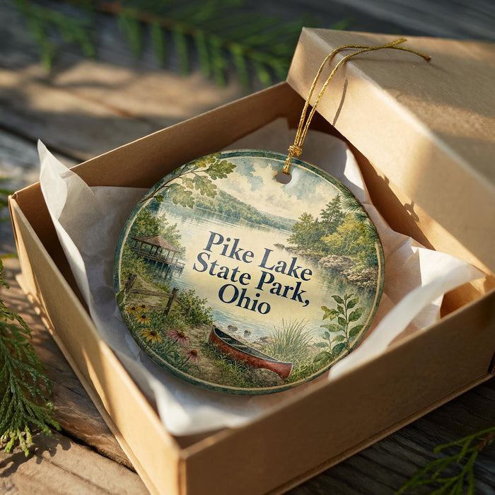 A decorative ornament in a wooden box, featuring a scenic landscape with a lake, trees, and a canoe, along with the text "Pike Lake State Park, Ohio".