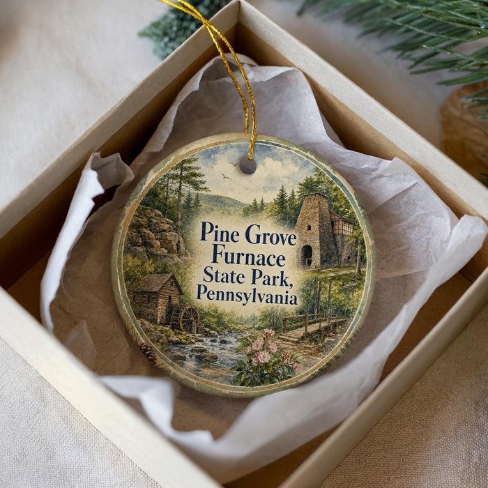 A decorative ornament in a white box, featuring a scenic image of Pine Grove Furnace State Park in Pennsylvania.