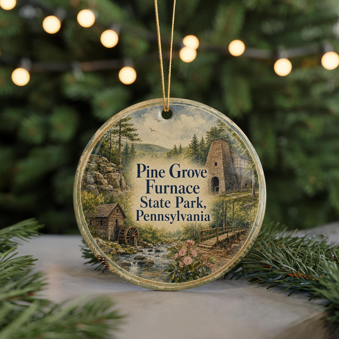 A round ornament with a painting of a scenic landscape, featuring a chimney, a mill, and a river, hanging in front of a blurred background with Christmas lights.