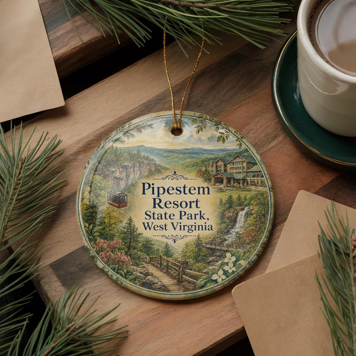 A decorative ornament featuring a scenic image of Pipestem Resort, a state park in West Virginia, with pine branches and a cup of coffee nearby.