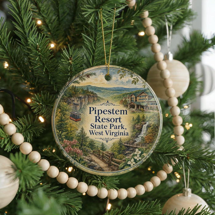 A round ornament hanging on a Christmas tree, featuring an illustration of a scenic landscape with a waterfall and a building.