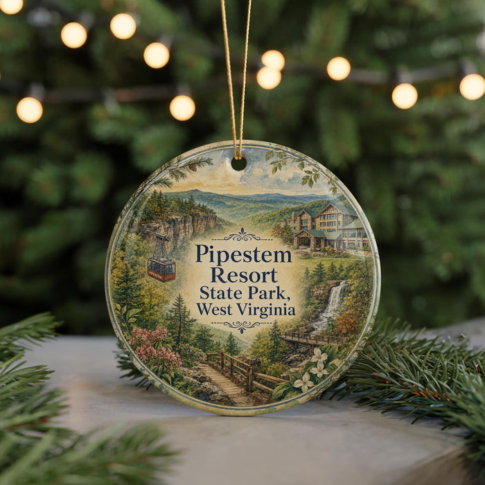A round ornament with a scenic illustration of the Pipestem Resort in West Virginia, featuring a mountain landscape, a waterfall, and a lodge.