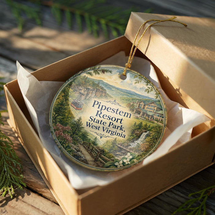 An oval-shaped ornament with a scenic landscape design, placed in a cardboard box with a gold string.