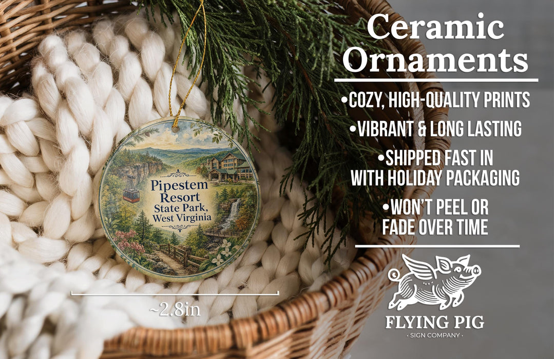 Ceramic ornaments, featuring a scenic image of the Pipestem Resort State Park, West Virginia, hanging from a wicker basket.