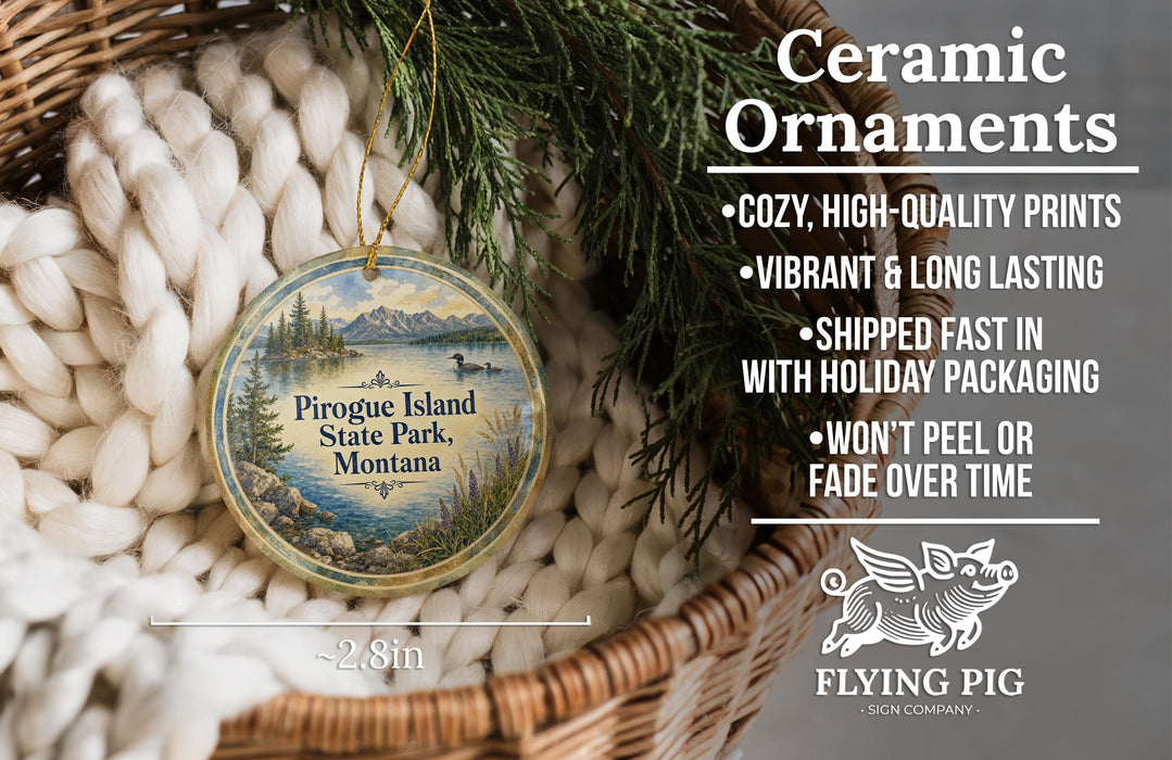 Ceramic ornaments, featuring a round ornament with a scenic image of Piroge Island, Montana, hanging from a wicker basket.