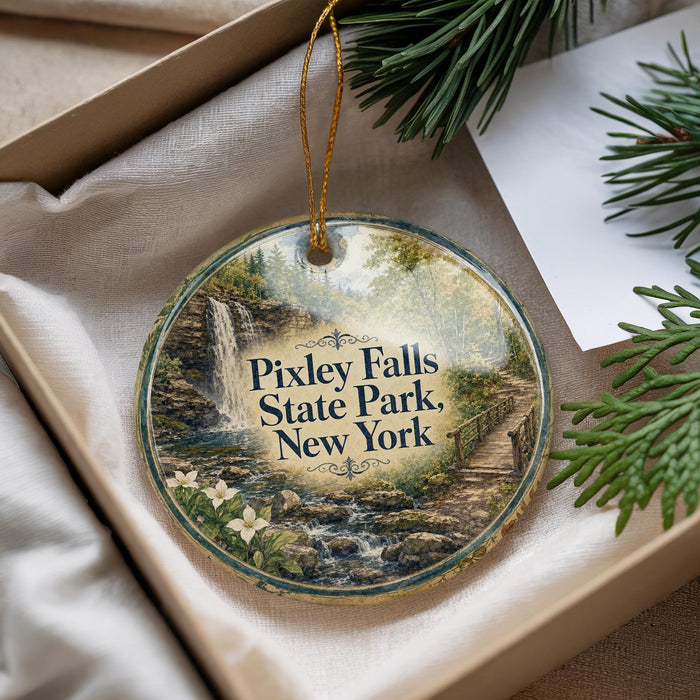 A decorative ornament with a scenic image of Pixley Falls State Park, New York, hanging from a string.