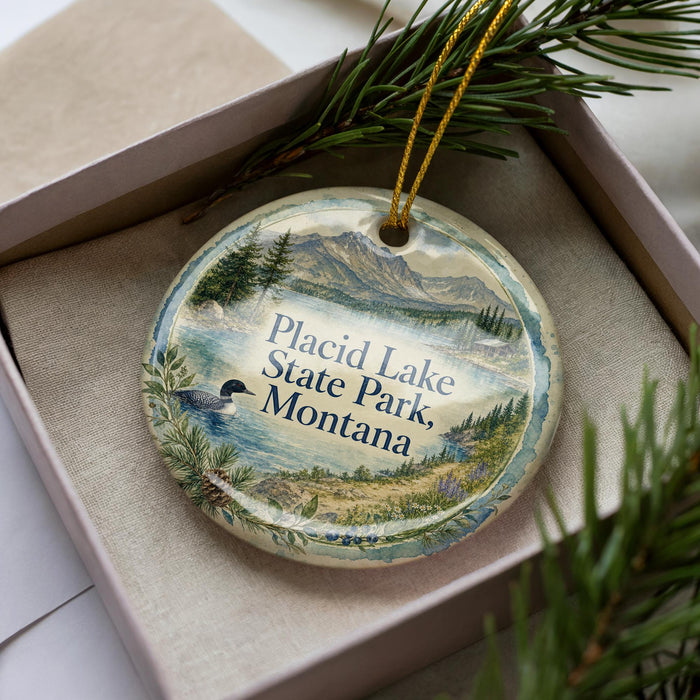 A decorative ornament in a box, featuring a scenic landscape of Placid Lake, State Park, Montana.