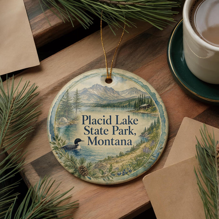 A decorative ornament featuring a scenic image of Placid Lake State Park, Montana, with pine trees and a lake in the background.