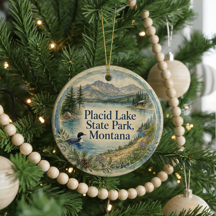 A Christmas tree decorated with ornaments, including a circular ornament with a scenic image of Placid Lake State Park, Montana.