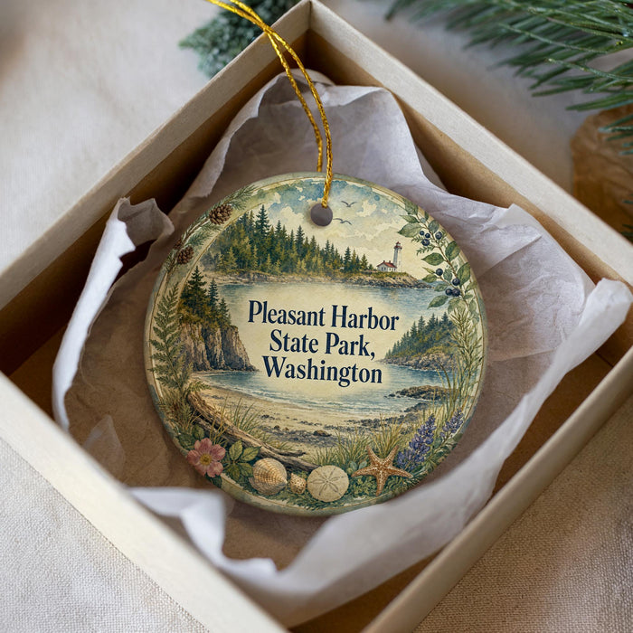 A decorative ornament in a box, featuring a scenic landscape with a lighthouse, trees, and a body of water.