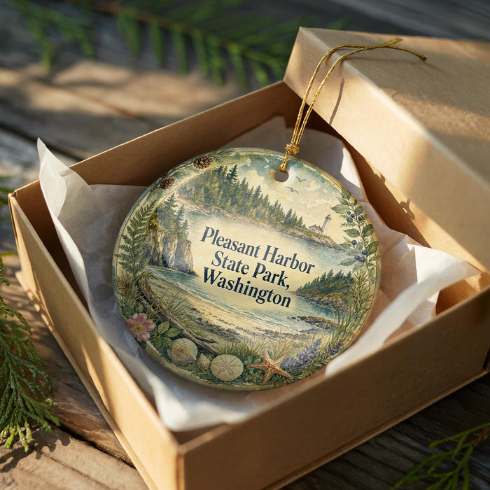 A decorative ornament in a box, featuring a scenic landscape of Pleasant Harbor State Park in Washington.