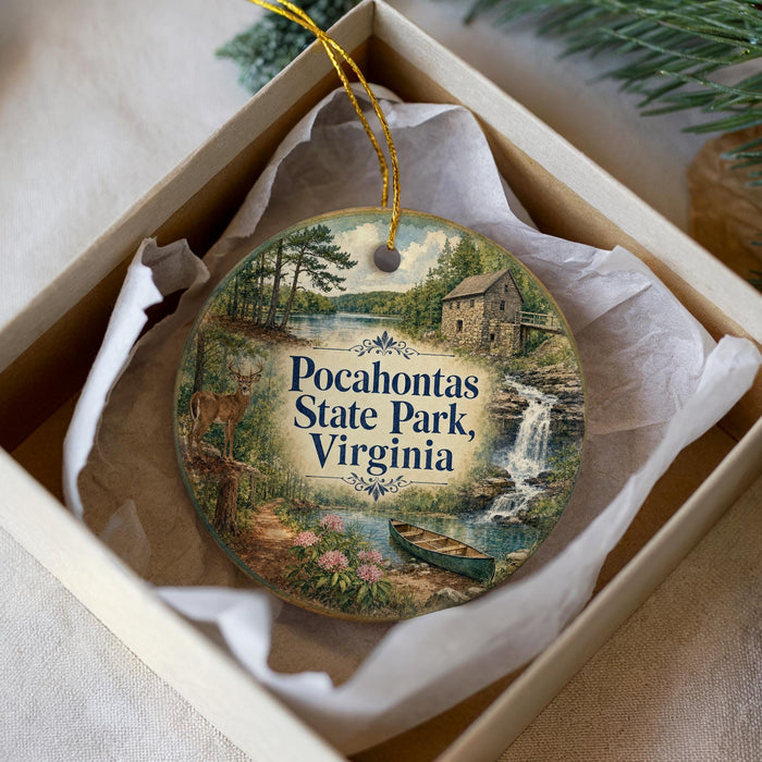 A decorative ornament in a white box, featuring a scenic image of the Pocahontas State Park in Virginia.