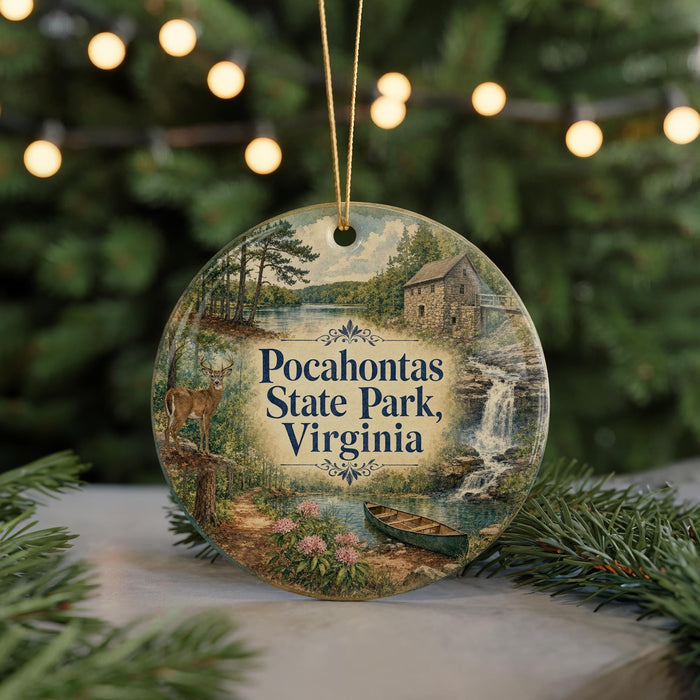 A decorative ornament featuring a scenic image of Pocahontas State Park, Virginia, with a canoe and waterfall in the background.