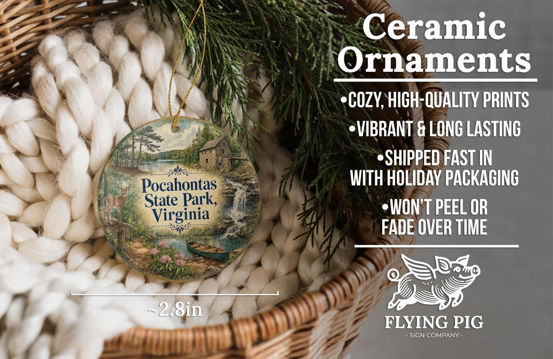 Ceramic ornaments, featuring a scenic image of the Pocahontas State Park, Virginia, hanging from a wicker basket.