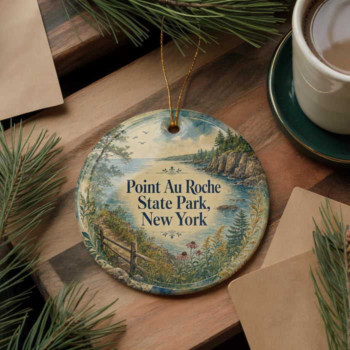 A decorative ornament with a scenic landscape of Pointauro State Park, New York, featuring a body of water, trees, and a bridge.