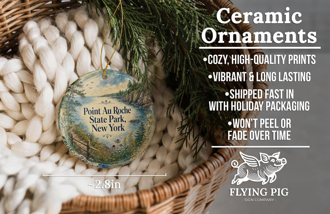 Ceramic ornaments, featuring a scenic landscape of Pointau Roche State Park, New York, hanging from a wicker basket.