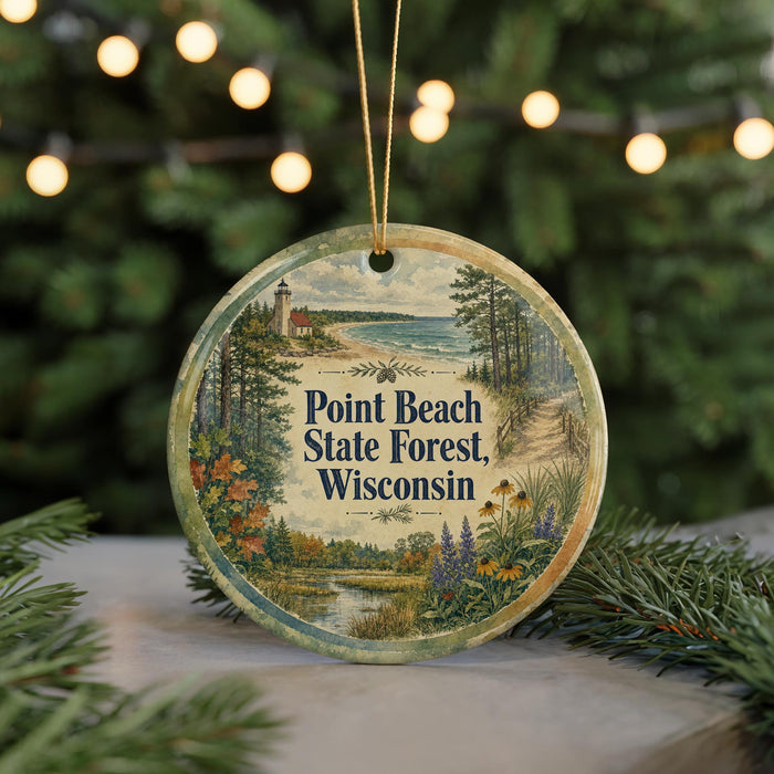 A round ornament with a scenic landscape of Point Beach State Forest, Wisconsin, featuring a lighthouse, trees, and a body of water.
