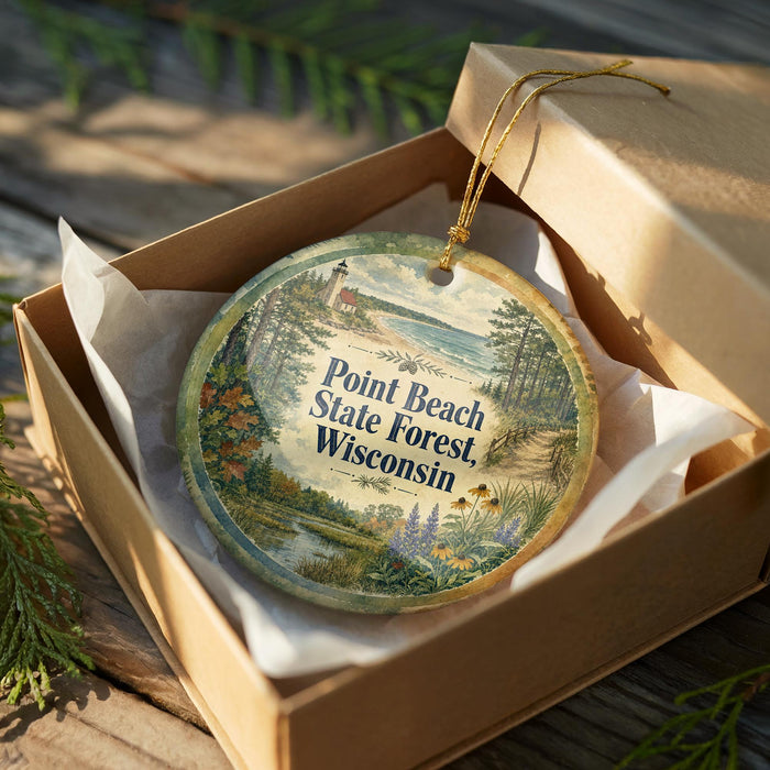 A decorative ornament in a wooden box, featuring a scenic landscape with a lighthouse and trees, along with the text "Point Beach State Forest, Wisconsin".