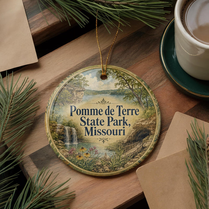 A decorative ornament with a scenic landscape of Terre State Park, Missouri, featuring a waterfall and pine trees, is displayed on a wooden surface alongside a cup of coffee and some papers.