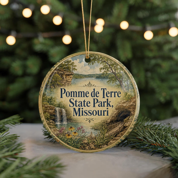 A round ornament with a scenic landscape of Pomme de Terre State Park in Missouri, featuring a waterfall, forest, and a bridge.
