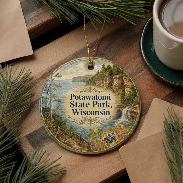 A circular ornament with a scenic landscape of Potawatomi State Park, Wisconsin, featuring a waterfall and pine trees.