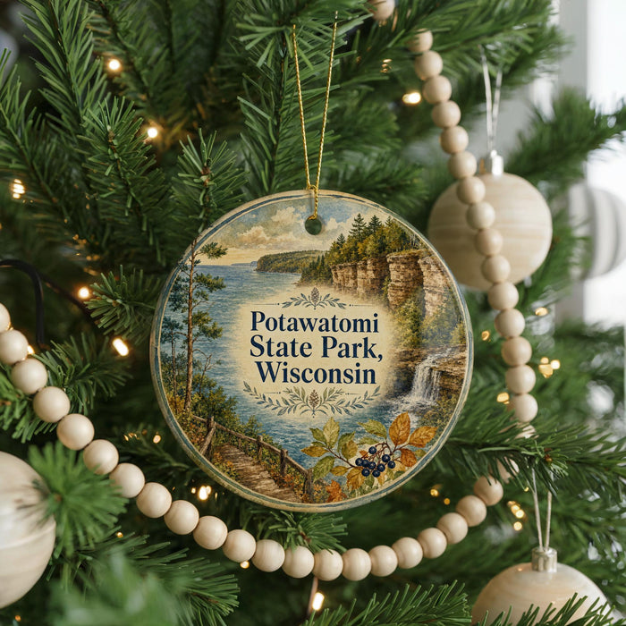 A circular ornament hanging on a Christmas tree, featuring a scenic landscape with a waterfall and a path leading to a lake.