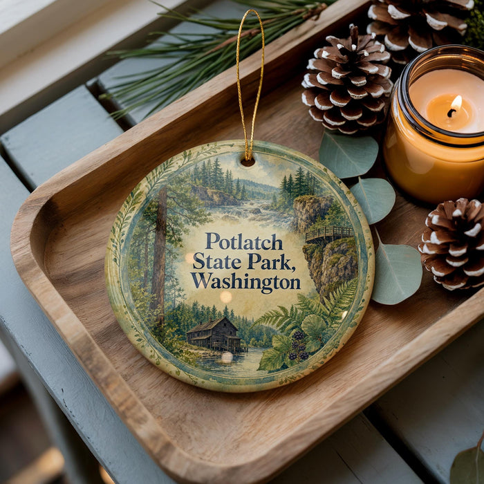 A decorative ornament with a scenic image of Potlatch State Park, Washington, sits on a wooden tray alongside pine cones and a lit candle.