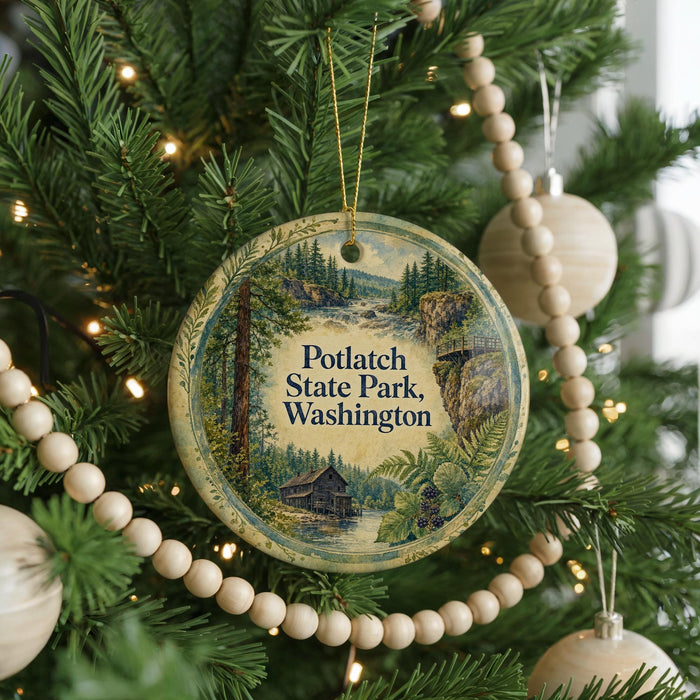 A round ornament hanging on a Christmas tree, featuring a scenic landscape with a cabin and trees.