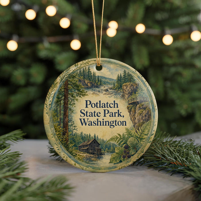 A round ornament with a painting of Potlatch State Park in Washington, surrounded by pine branches and twinkling lights.