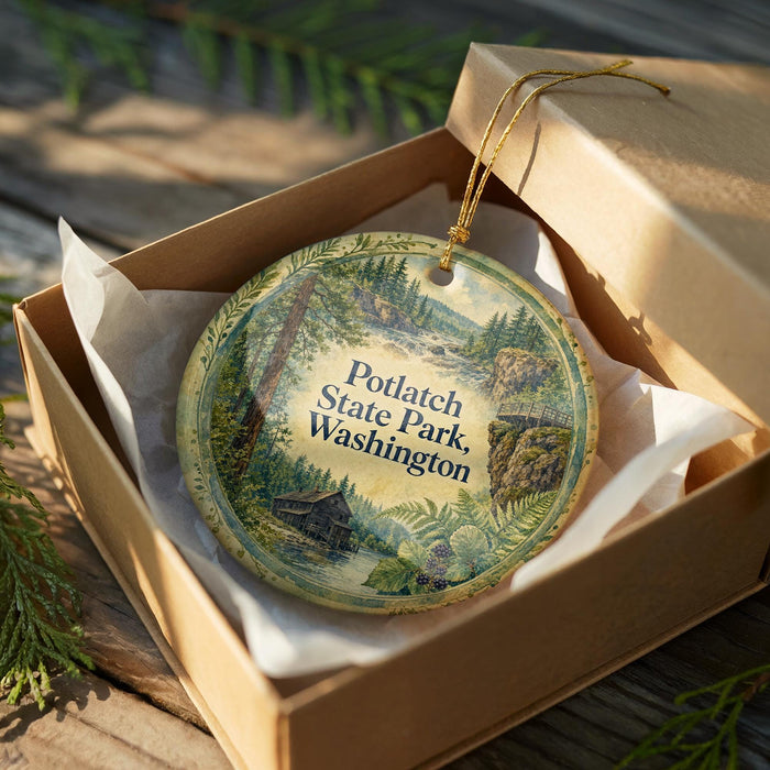 A decorative ornament in a box, featuring a scenic landscape with a cabin and trees, with the text "Potlatch State Park, Washington" printed on it.