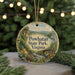 A round ornament with a scenic landscape of Powhatan State Park, Virginia, featuring a river, bridge, and mountains.