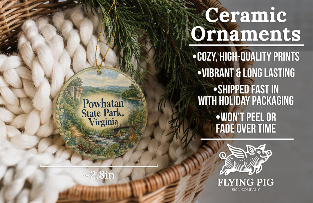 Ceramic ornaments, featuring a scenic image of Powhatan State Park, Virginia, hanging from a wicker basket.