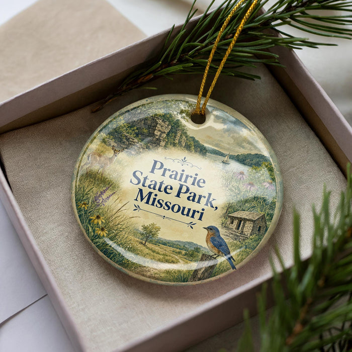 A decorative ornament in a box, featuring a bird and a scenic landscape with the text "Prairie State Park, Missouri" on it.