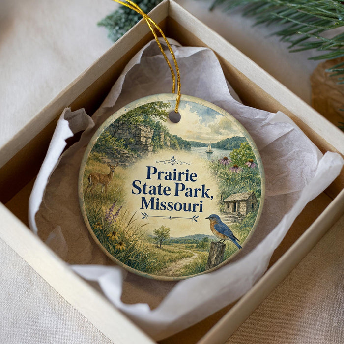 A decorative ornament in a box, featuring a scenic landscape with a bird, a deer, and a cabin, along with the text "Prairie State Park, Missouri".