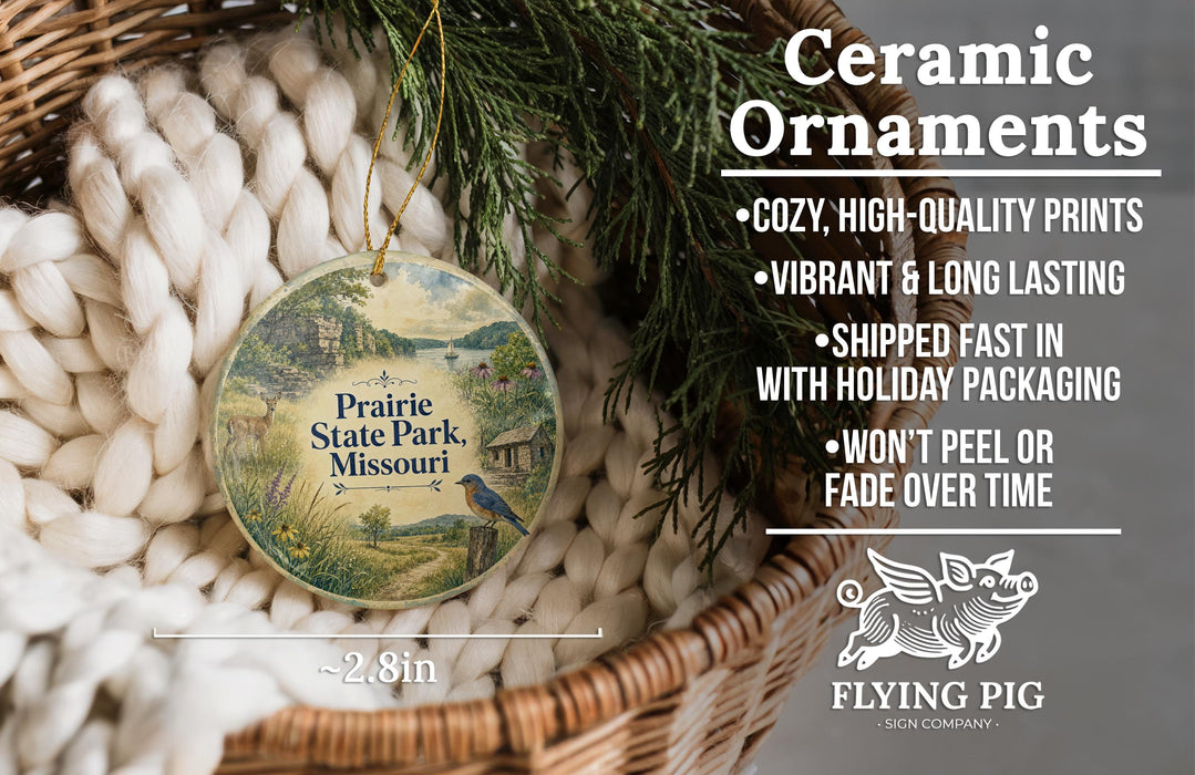Ceramic ornaments, featuring a prairie state park ornament with a bird and a wicker basket, along with text describing the ornament's features.