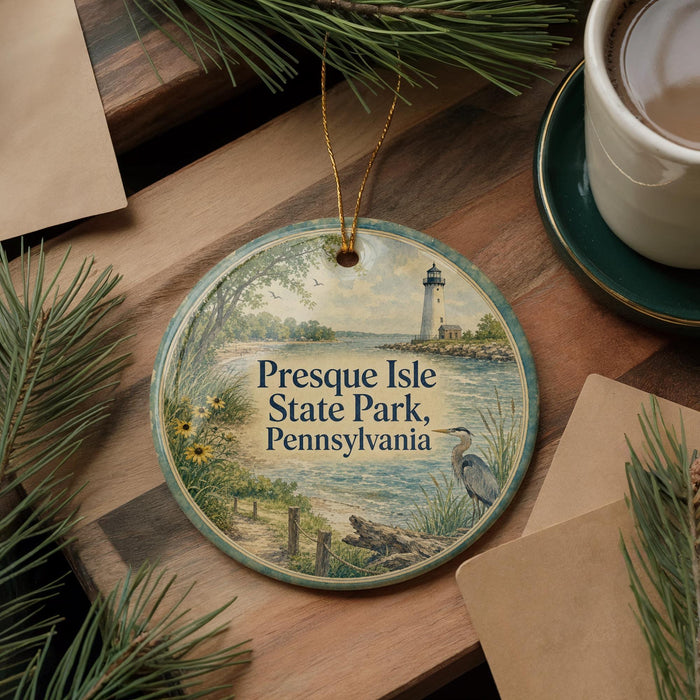 A round ornament with a lighthouse and a scenic view of Presque Isle State Park, Pennsylvania, is displayed on a wooden surface alongside a cup of coffee and some pine branches.