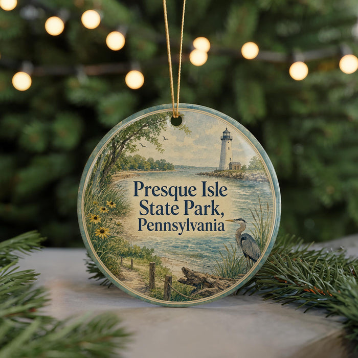 A round ornament with a lighthouse and a scenic view of Presque Isle State Park, Pennsylvania, hanging from a string.