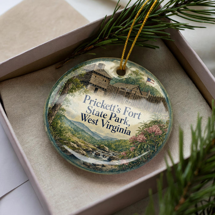 A decorative ornament featuring a scenic image of Prickett's Fort State Park, West Virginia, with a pine tree branch and greenery surrounding it.