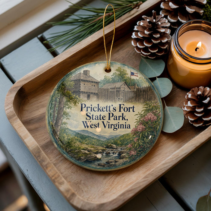 A decorative ornament featuring a scenic image of Prickett's Fort State Park, West Virginia, with pine cones and a lit candle on a wooden tray.