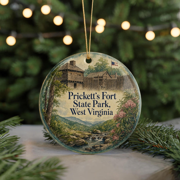 A decorative ornament featuring a scenic image of Prickett's Fort State Park, West Virginia, with a Christmas tree in the background.