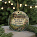 A decorative ornament featuring a scenic image of Prickett's Fort State Park, West Virginia, with a Christmas tree in the background.