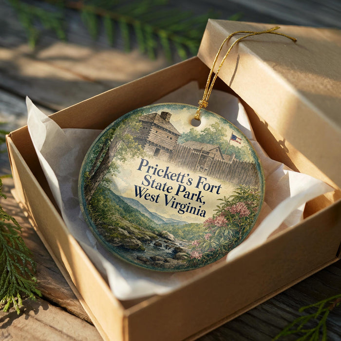 A decorative ornament in a wooden box, featuring an illustration of a fort surrounded by trees and a stream, with the text "Prickett's Fort State Park, West Virginia" printed on it.